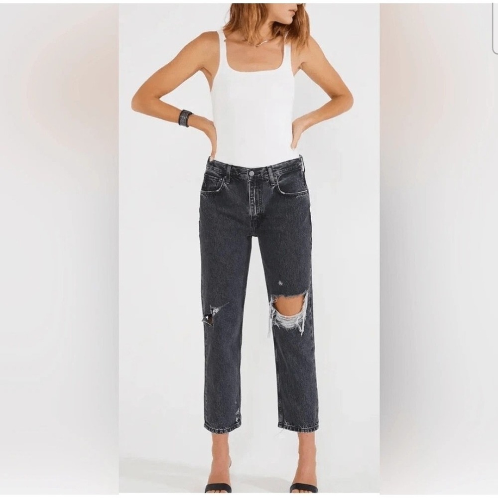 ETICA Rhea Mid Rise Straight Crop Distressed Destruct Jeans Black Grunge Size 30